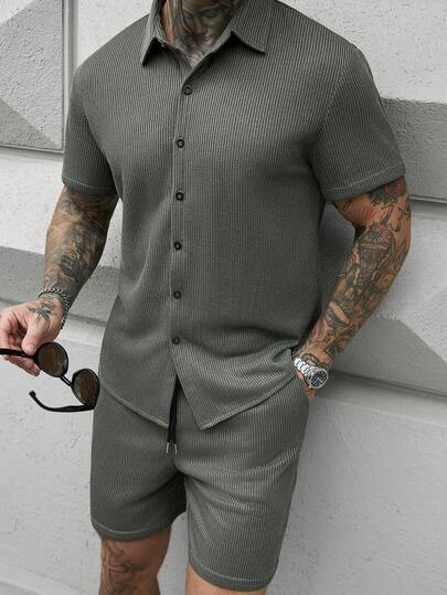 Manfinity CasualCool Men's Solid Color Button-Front Short Sleeve Shirt And Drawstring Waist Shorts Set,Men Old Money,Daily Leisure, Weekend Trips, Outdoor Activities, Travel Expeditions, Relaxed Work Environments Or Semi-Formal Occasions, Boyfriend/Husband Gift, Anniversary /Birthday Gift Party Summer Vacation Holiday,Wedding,Spring To Summer,Mardi Gras,Men's Solid Color Button Down Shirt Textured Knit Short Sleeve Casual Wear,Casual Two Piece Set Men,Mens 2 Piece Outfits Cotton,Men Summer Sweatsuit