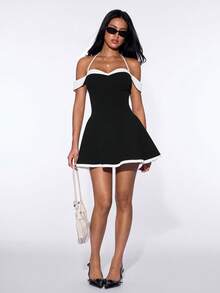 SHEIN ICON Women's Contrast Color Off-Shoulder Halter Neck Fashionable Mini Dress - Black and White - View 5