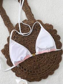 Swim Chiccia 欧美新款跨境露背系带贝壳装饰面料特殊材质女士三件套性感比基尼泳衣上衣海三角可爱比基尼上衣 - 粉色 - 查看 6