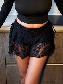 Ambs Edit Women's Casual Drawstring Waist Bowknot Ruffle Lace Fabric Double Layer Skirt, Suitable For Daily Wear Chic Dress - Black - View 3