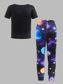 Bubblio Young Bo 宇航员与宇宙图案休闲简约修身圆领短袖长裤家居服，适合所有季节 - 彩色 - 查看 2