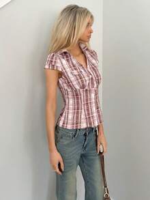 Sydney Algeri Blue Plaid Cap Sleeve Fitted Shirt For Women - Brown - View 3