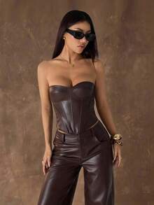 SHEIN PETITE 女士棕色时尚性感派对PU抹胸露脐上衣，皮革束身衣，棕色上衣，夜店上衣，派对上衣，皮革上衣，夏季上衣，抹胸束身衣，万圣节上衣，圣诞节上衣，新年上衣 - 酒紅色 - 查看 4
