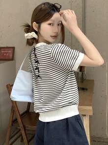 DAZY Women's Unique Backless Bow Striped Short Sleeve T-Shirt, French Style Round Neck Fitted Knit Top - Black and White - View 3