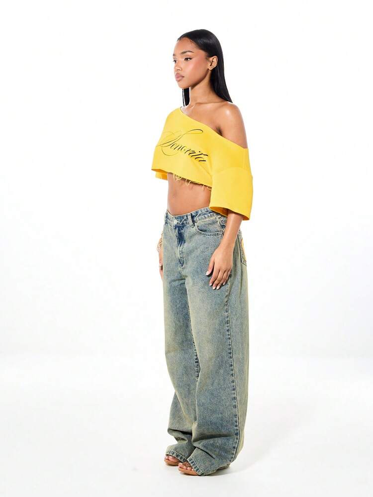 SUMWON Cropped Off Shoulder Graphic Top With Frayed Hem And Script Print Long Sleeve Yellow Sweatshirt For Casual Weekend Wear
