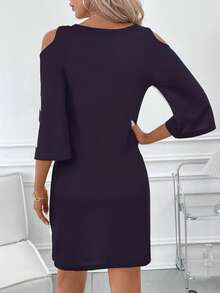 SHEIN Clasi Đầm suông trễ vai in hoa hồng phối màu tương phản thanh lịch dành cho nữ - Màu tím - Xem 2