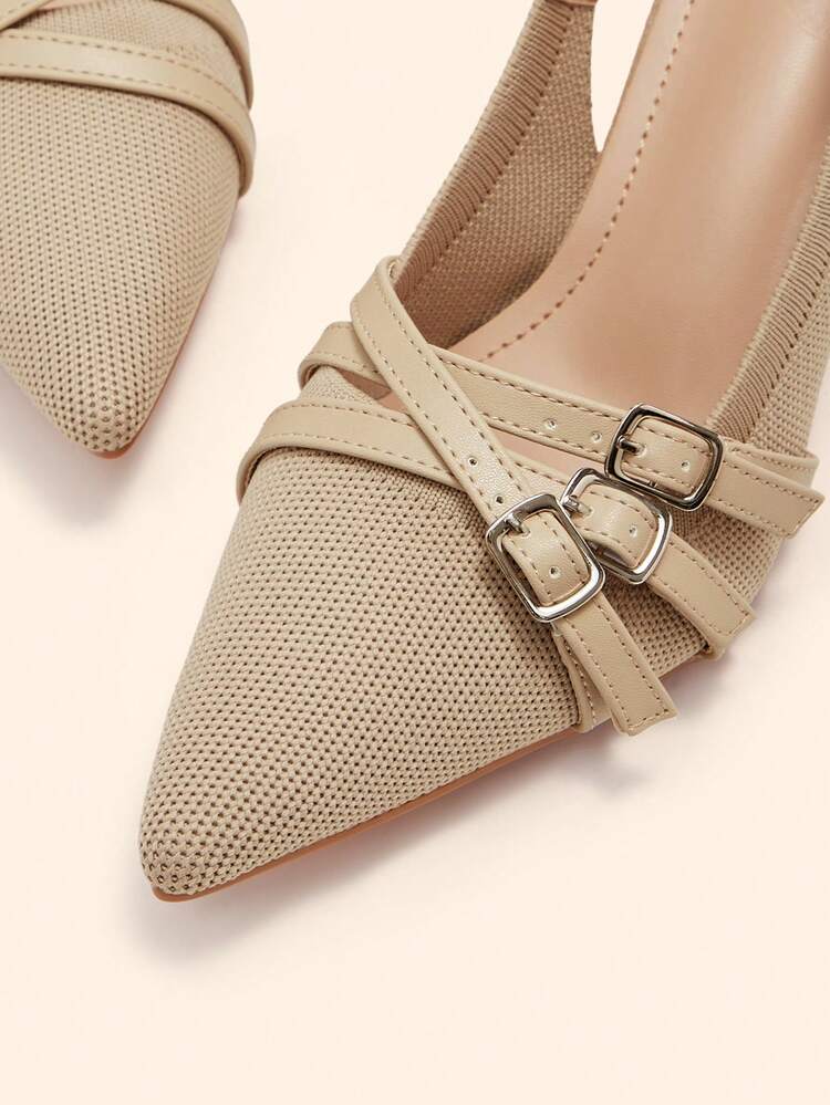 CUCCOO BASICS Women's Pointed Toe Chunky Heel Apricot Knit Multi-Strap Buckle Comfortable Breathable Everyday Versatile Commute Outdoor Necessary High Heel Mules