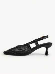 CUCCOO CHICEST Women's New Square Toe Mid-Heel Black Mesh Rhinestone Elegant Party Ankle Strap Stiletto Pumps - Black - View 4
