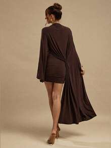 SHEIN BAE 棕色不对称褶皱长袖修身优雅迷你针织连衣裙，女士夏季连衣裙，优雅连衣裙，棕色连衣裙 - 棕色 - 查看 2