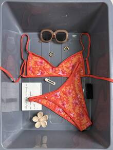 Swim Vcay 2026新款女士夏季沙滩度假可调节细肩带性感印花高衩比基尼套装 - 橘色 - 查看 3