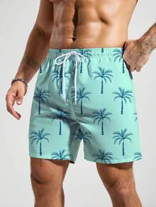Manfinity Swimmode 男士夏季度假椰树印花抽绳腰沙滩短裤 - 薄荷綠 - 查看 3