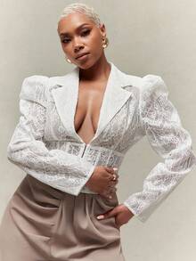 Vixey Notched Collar Sheer White Lace Cinched Waist Split Hem Puff Shoulder Blazer - White - View 1