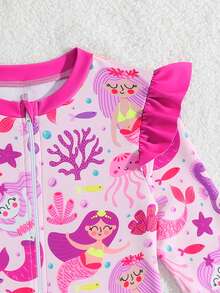 Baby Girl Mermaid Print Patchwork Ruffle Zipper Front One-Piece Swimsuit - Hot Pink - View 5