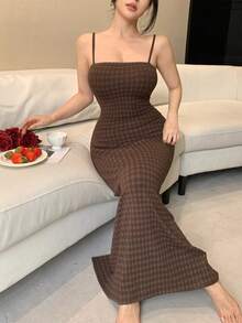 Plaid Camisole Cinched Waist Long Women's Nightgown, Summer - Brown - View 6