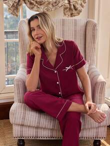 Doze Lane Contrast Trim Solid Color Lapel Bow Pocket Women Pajama Set Personalised Pajamas Women Pyjama Sets Women Night Pjs Loungewear Set Pjs For Women Sets Button Up Pajama Set - Burgundy - View 3