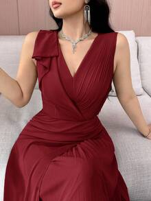Feyla 女士纯色V领裹身优雅无袖连衣裙 - 酒紅色 - 查看 3