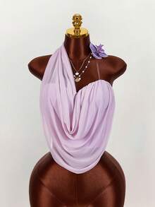 Amplova Áo lưới xuyên thấu bất đối xứng dành cho nữ, trang trí hoa giả. - Màu tím hoa cà - Xem 4