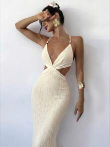 Firerie 女士白色提花串珠系带露背修身开衩连衣裙，性感度假连衣裙，春夏服装，沙滩装，通勤装，优雅，性感，度假，海滩，波西米亚风，夏威夷，音乐节，浪漫，约会装 - 米色 - 查看 4