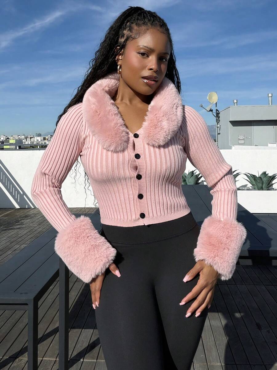 秋冬毛绒罗纹针织纽扣前开衫、长袖上衣 - 粉色 - 查看 1