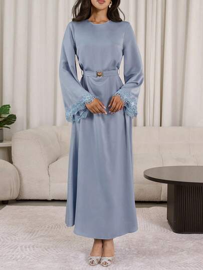 Veilorie Đầm dài tay cổ tròn, thắt eo, kiểu dáng Ả Rập thanh lịch, phối hoa văn chắp vá.