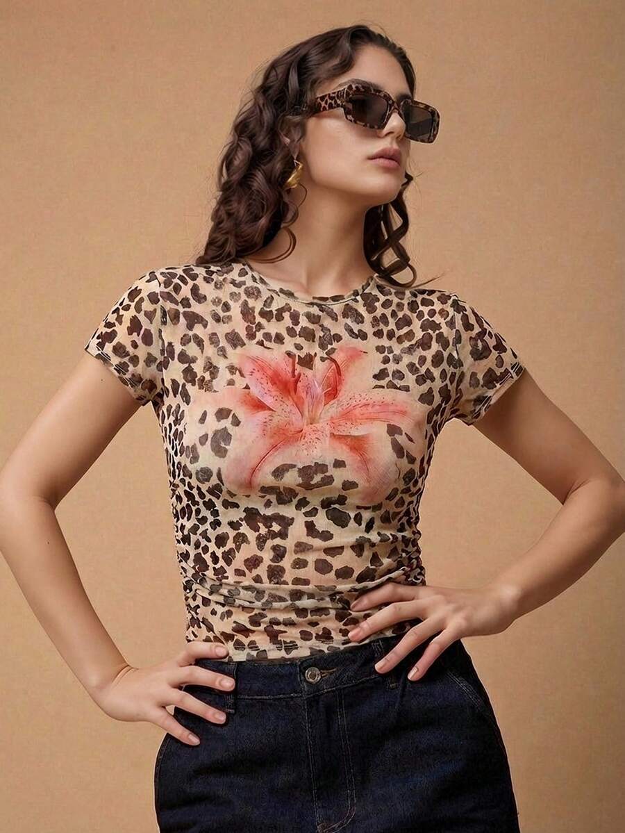 SHEIN EZwear 女士夏季短袖保暖花卉网眼T恤 - 彩色 - 查看 1