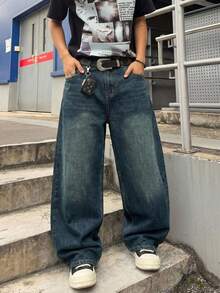 ROMWE MEN Men's Casual Washed Embroidered Denim Jeans - Dark Wash - View 2