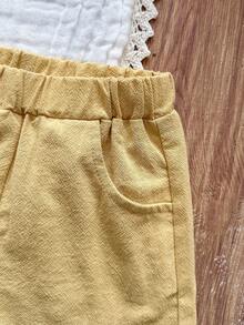 SHEIN Vintaside Kids 2件套男婴夏季新款可爱动物印花POLO领短袖开衫衬衫和直筒黄色短裤套装，带口袋，休闲时尚 - 彩色 - 查看 10