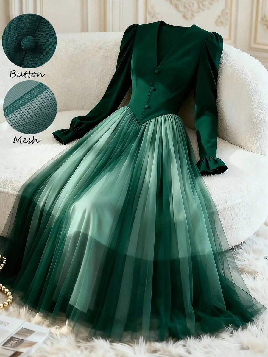 GlowEve CURVE Women's Waist Cinched A-Line Mesh Patchwork Christmas Holiday Elegant Everyday Commute Fashion French Street Retro Versatile New Year Business Green Long Sleeve Dress, Autumn/Winter - Dark Green - View 1