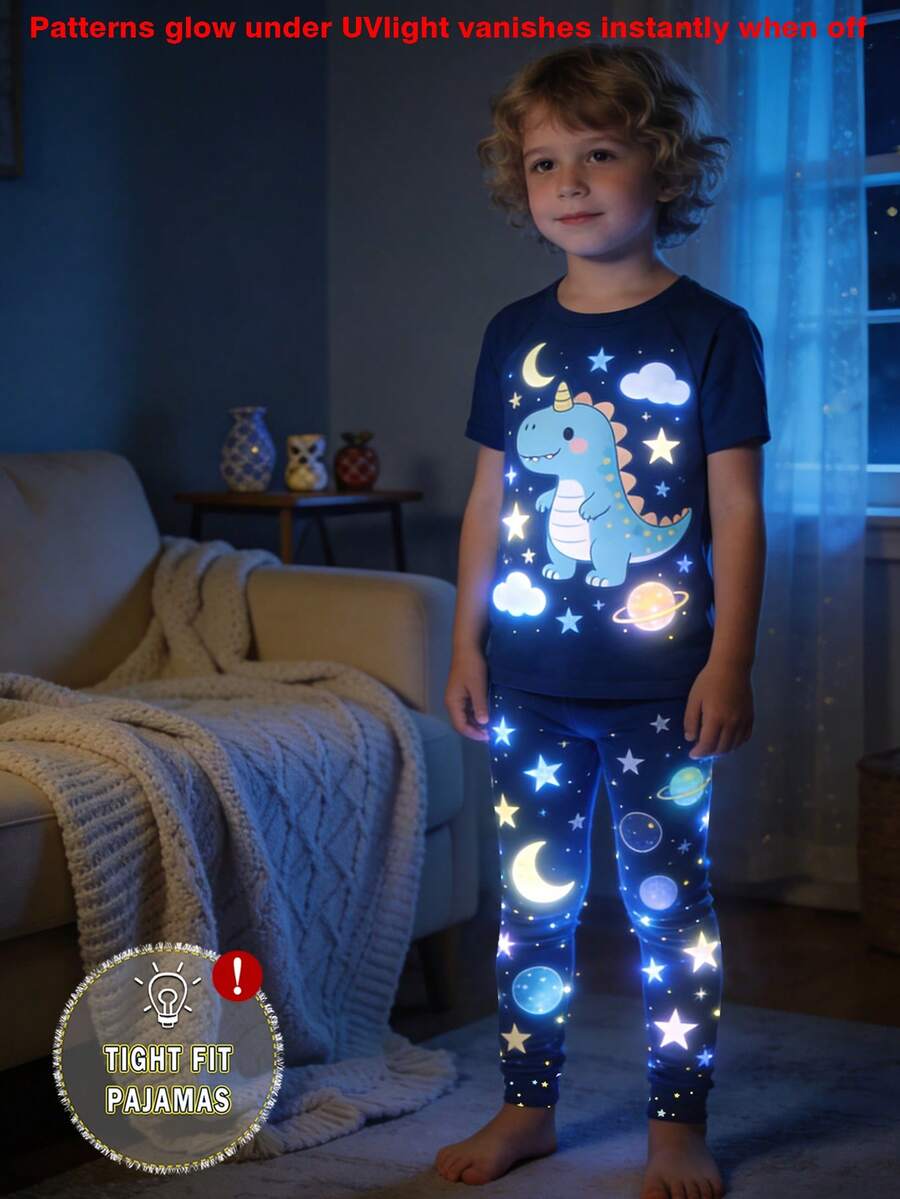 一套夜光太空恐龙印花针织弹力圆领上衣和全印花打底裤睡衣套装，适合小男孩，可作为儿童礼物 - 寶藍色 - 查看 1