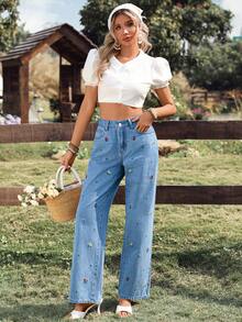 Breezaya Women's Casual Floral Embroidered High Waist Loose Straight Leg Jeans - Medium Wash - View 7