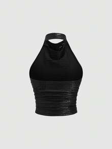 Sweetra Áo croptop không tay, hở lưng, cổ yếm, xếp ly, kiểu dáng châu Âu & Mỹ, phù hợp cho dạo phố, phong cách Y2K, hẹn hò, dự tiệc, đa năng. - màu đen - Xem 2