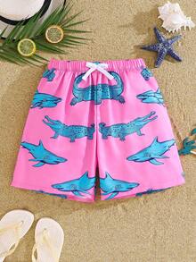 SHEIN Bubblio Conjunto de maiô infantil masculino, modelo justo com estampa de crocodilo, ideal para férias casuais, passeios ao ar livre, festas, viagens de verão à praia e para a primavera/verão. - Rosa - Ver 3