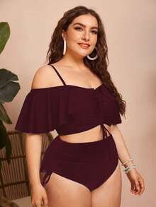 Swim Chiccia Bộ đồ bơi cỡ lớn dành cho nữ, gồm 2 mảnh, màu trơn, dây mảnh, hở vai, có bèo nhún, dây rút, kiểu dáng rời, thời trang, thanh lịch, thích hợp cho kỳ nghỉ hoặc mặc thường ngày. - Màu đỏ tím - Xem 3
