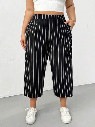 Shapeblank Pantaloni largi pentru femei, mărime plus, de primăvară/vară, la modă, casual, lejer, confortabili, de zi cu zi, versatili, subțiri, cu dungi negre, talie elastică, crop, cu picior larg, ținute de vară, pantaloni largi, stil simplu, pantaloni de lucru