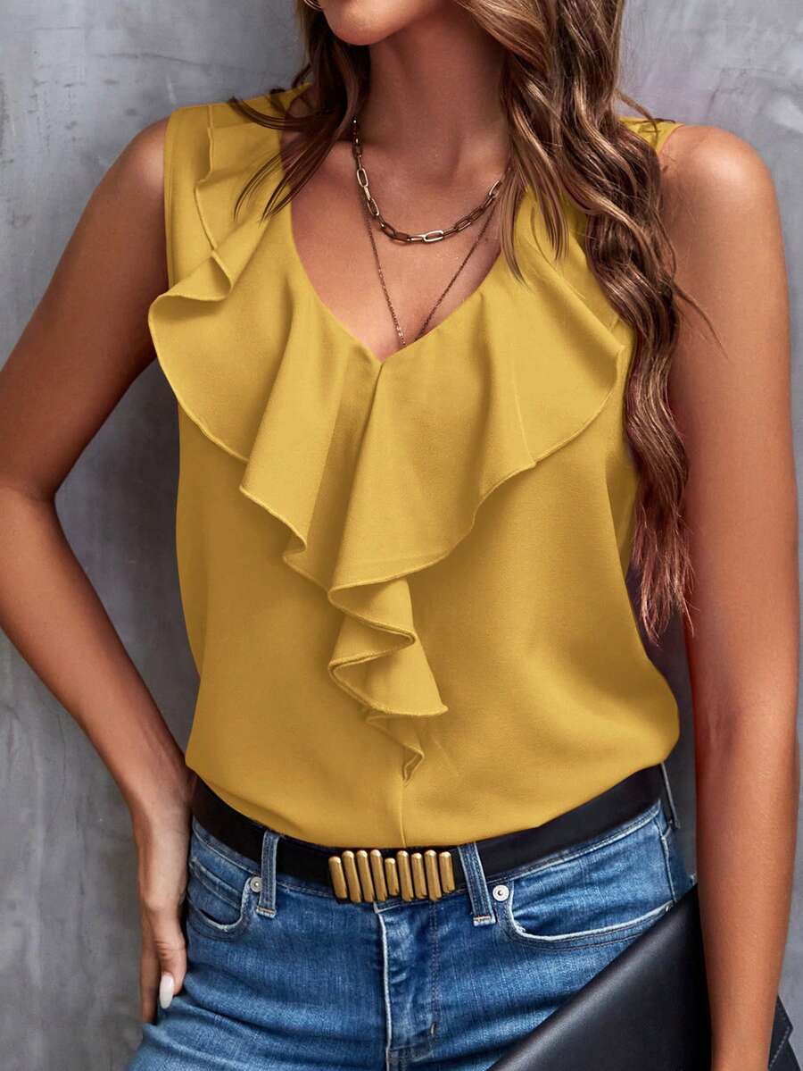SHEIN Clasi Women's Solid Color Minimalist Sleeveless Shirt With Ruffle Hem, Casual Everyday Wear,Summer Top - Yellow - View 1
