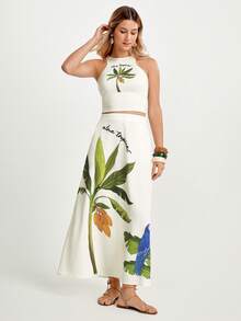 CAJUNI x Carol Peixinho Jupe longue imprimé tropical décontractée pour vacances, jupe longue tropicale, tenue de resort pour femmes, jupe maxi imprimé tropical, tenue de resort pour femmes, jupe imprimé tropical - Crème - Voir 7