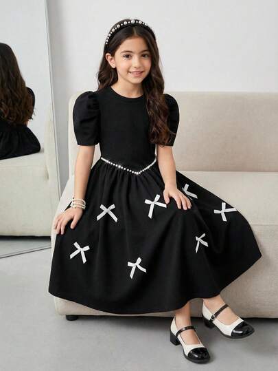 SHEIN فستان بياقة مستديرة وخصر مشدود مزين بفيونكة اللؤلؤ للفتيات المراهقات