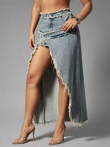 Denimoi Stacked Waist High Slit Denim Skirt Frayed Hem Skirt Fashionable Streetwear Sexy Skirts - Light Wash - View 4