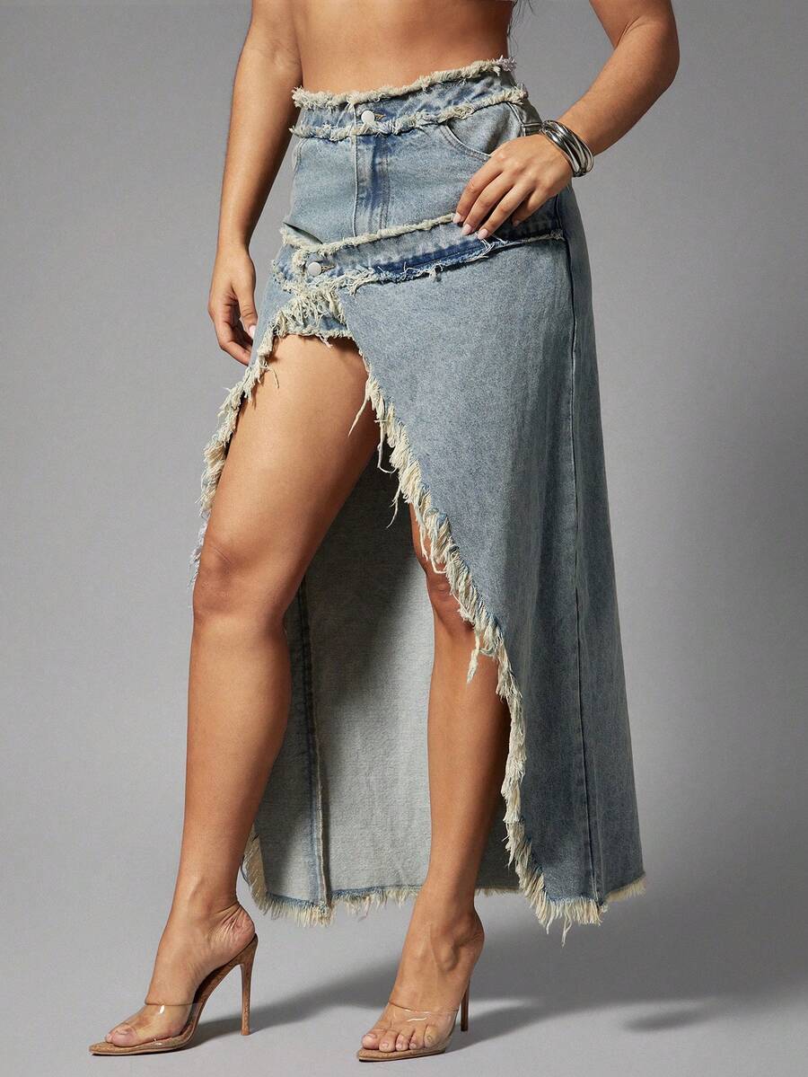 Denimoi 高腰高开衩牛仔裙，毛边下摆，时尚街头风性感半身裙 - 淺色水洗藍 - 查看 1