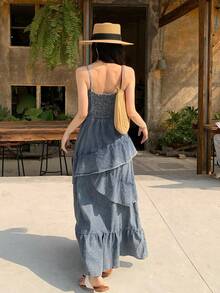 DAZY Đầm denim dây đeo xếp ly thanh lịch dành cho nữ, đầm hè chống nắng cho nữ - Rửa trung bình - Xem 2