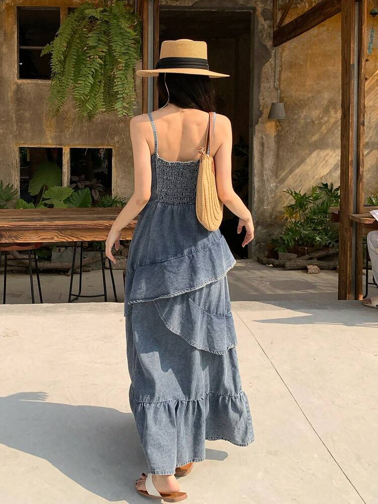 Women's Elegant Ruffled Strap Denim Dress, Summer Sun Dresses For Women