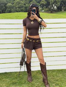 SHEIN EZwear 咖啡色针织女式休闲家居服套装 - 咖啡棕 - 查看 6