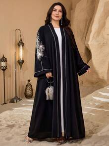 Al Najma Plus Size Casual Solid Color Pearl Applique Long Sleeve Cardigan, Regular Fit, Spring/Autumn - Black - View 4