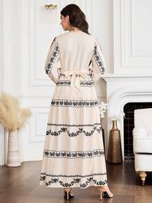 Yasmyna Modest Casual Vacation Women's Floral Print V-Neck Long Sleeve Arabic Dress - Multicolor - View 6