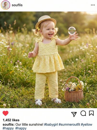 Souflis Souflis Baby Girl Cute Casual Minimalist Spring/Summer Yellow Solid Textured Woven Fabric Camisole And Wide Leg Pants Set, Designed With A Minimalist And Fashionable Style, Incorporating Adorable Elements Such As 3D Bow Shoulder Decoration And Ruffle Hem, Very Suitable For Baby's Daily Wear, Outings, Or Relaxed Family Gatherings