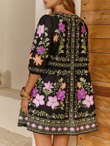 CAJUNI Women's Floral Print Ruffle Tie Neck Casual Vacation Mini Dress - Multicolor - View 2