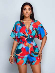 SOLERSUN 女士夏季时尚优雅度假几何花卉印花V领蝙蝠袖褶皱休闲连体裤 - 紅色 - 查看 3