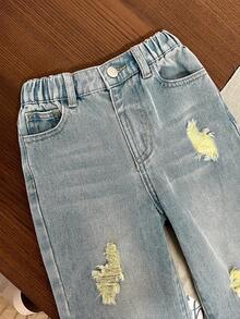 SHEIN 男童休闲复古做旧水洗直筒牛仔裤 - 藍色 - 查看 3