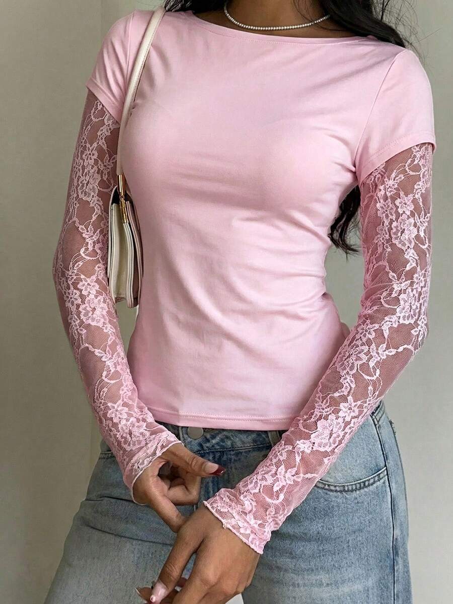 CovetEZ Lightweight Pink Knit Lace Patchwork 2-In-1 Women Long Sleeve Top, Sheer Blouse - Baby Pink - View 1