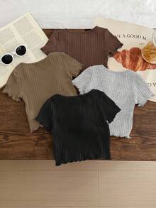 Bộ 4 món áo thun tay ngắn màu trơn dáng suông, có bèo nhún. - Nhiều màu - Xem 2